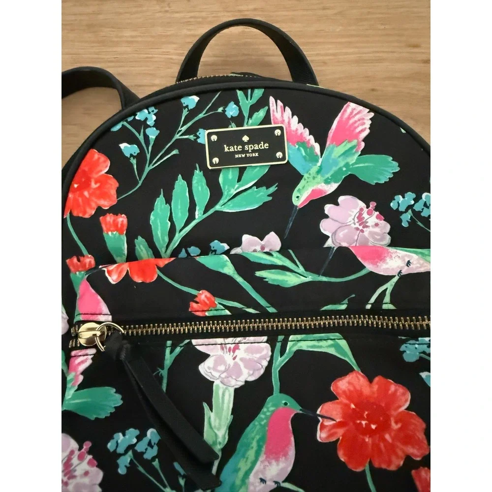 Kate Spade Chelsea Hummingbird Floral Black Nylon Backpack Bag